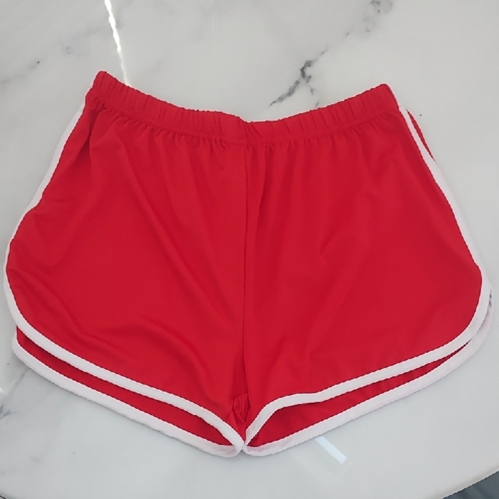 SHEIN Red and White Athletic Shorts with Dolphin Hem